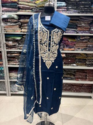 Navy Blue Party Wear Suit with embroidery and organic organza dupatta