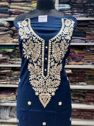 Navy Blue Party Wear Suit with embroidery and organic organza dupatta