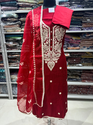 Maroon Office Wear Suit fabric with organic organza Dupatta