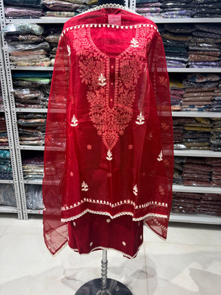 Maroon Office Wear Suit fabric with organic organza Dupatta