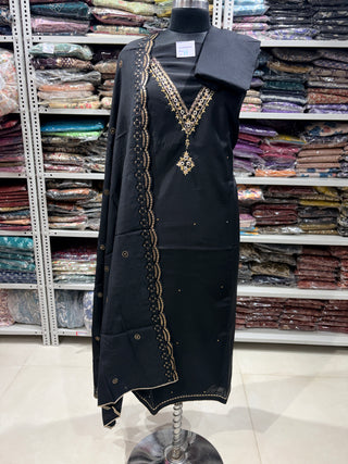 Black Party Wear Roman Silk Suit Fabric and muslin embroidery dupatta