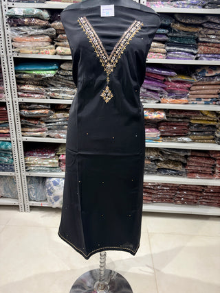 Black Party Wear Roman Silk Suit Fabric and muslin embroidery dupatta