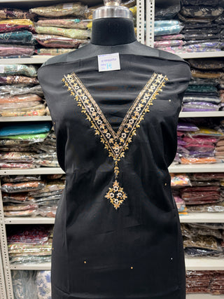 Black Party Wear Roman Silk Suit Fabric and muslin embroidery dupatta