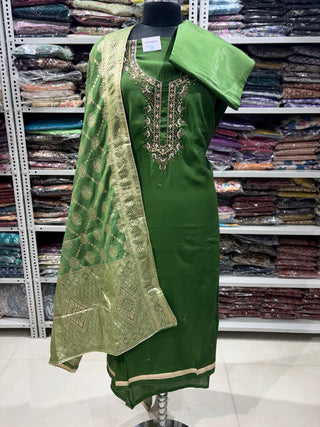 Green Party Wear Suit with Neck embroidery and silk dupatta
