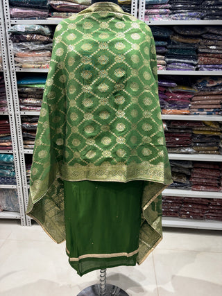 Green Party Wear Suit with Neck embroidery and silk dupatta