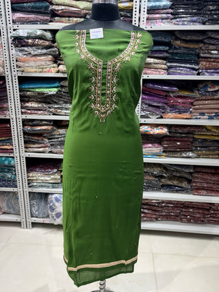 Green Party Wear Suit with Neck embroidery and silk dupatta