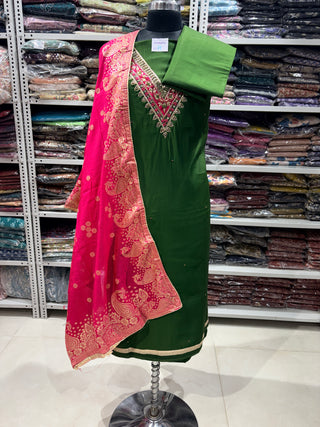Green Party Wear Designer Suit fabric with embroidery and banarasi dupatta