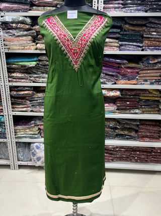 Green Party Wear Designer Suit fabric with embroidery and banarasi dupatta