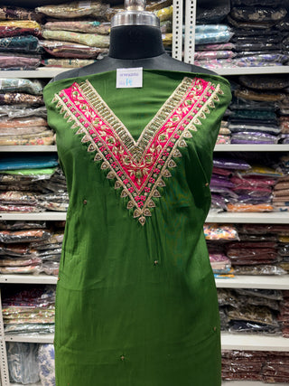 Green Party Wear Designer Suit fabric with embroidery and banarasi dupatta