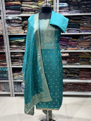 Sea Green Color Party Wear Dola Silk Suit Fabric with Banarasi Dupatta