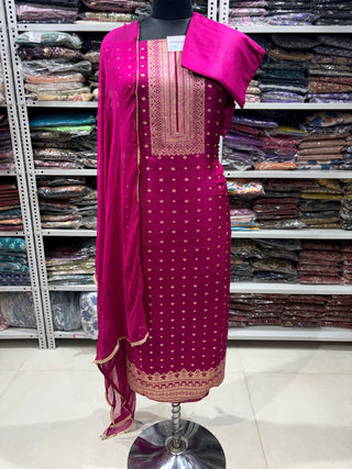 Hot Pink (Rani) Color Dola Silk Party Wear Designer Suit fabric with chiffon dupatta