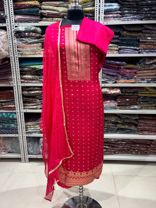 Red Color Dola Silk Party Wear Designer Suit fabric with chiffon dupatta