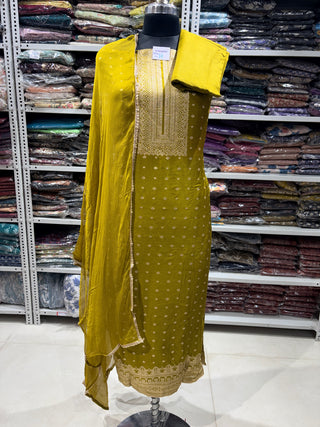 Mustard Color Dola Silk Party Wear Designer Suit fabric with chiffon dupatta