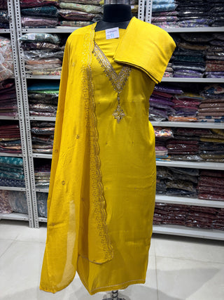 Mustard Party Wear Roman Silk Suit Fabric and muslin embroidery dupatta