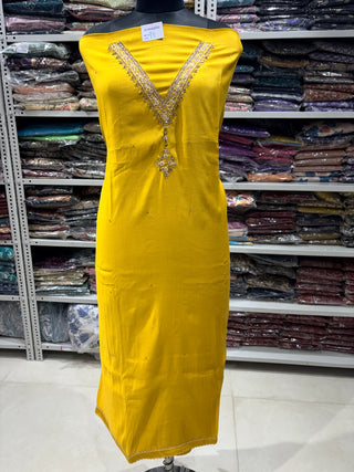 Mustard Party Wear Roman Silk Suit Fabric and muslin embroidery dupatta