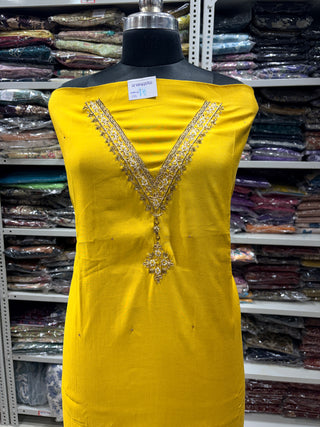 Mustard Party Wear Roman Silk Suit Fabric and muslin embroidery dupatta