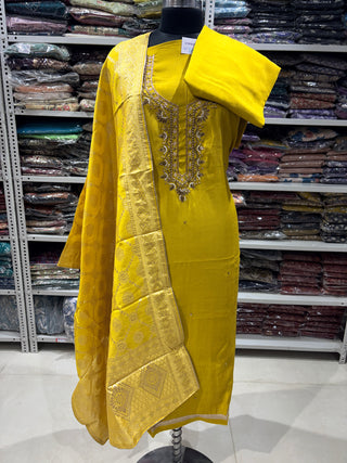 Mustard Party Wear Suit with Neck embroidery and silk dupatta