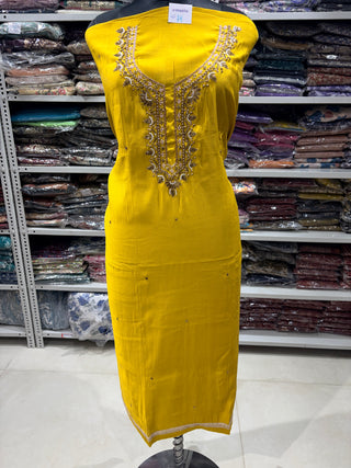 Mustard Party Wear Suit with Neck embroidery and silk dupatta