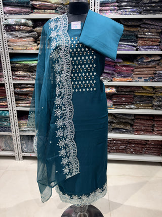 Bottle Green Party Wear Suit with Neck embroidery and organic organza dupatta with lace work