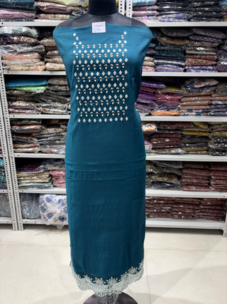 Bottle Green Party Wear Suit with Neck embroidery and organic organza dupatta with lace work