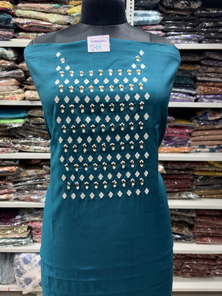 Bottle Green Party Wear Suit with Neck embroidery and organic organza dupatta with lace work