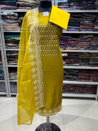 Mustard Party Wear Suit with Neck embroidery and organic organza dupatta with lace work