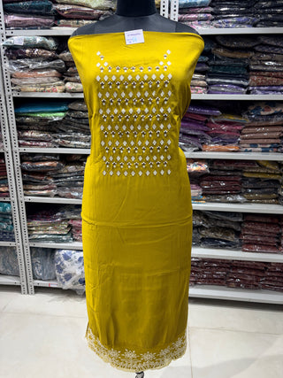 Mustard Party Wear Suit with Neck embroidery and organic organza dupatta with lace work