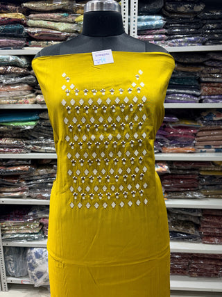Mustard Party Wear Suit with Neck embroidery and organic organza dupatta with lace work