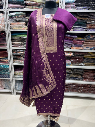 Wine Color Party Wear Dola Silk Suit Fabric and banarasi dupatta