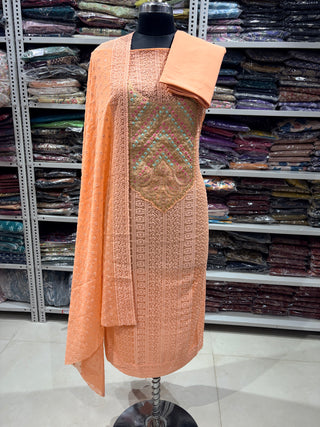 Beige Georgette Schiffli Work Party Wear Suit Fabric