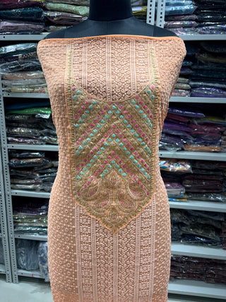 Beige Georgette Schiffli Work Party Wear Suit Fabric