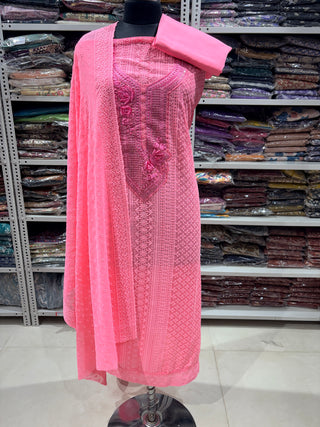 Pink Georgette Schiffli Work Party Wear Suit Fabric