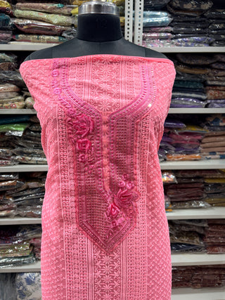 Pink Georgette Schiffli Work Party Wear Suit Fabric