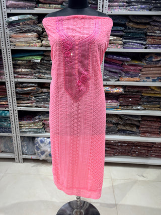 Pink Georgette Schiffli Work Party Wear Suit Fabric