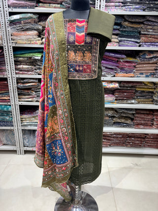 Green color Georgette party wear suit fabric with muslin dupatta