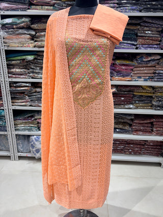 Peach Georgette Schiffli Work Party Wear Suit Fabric