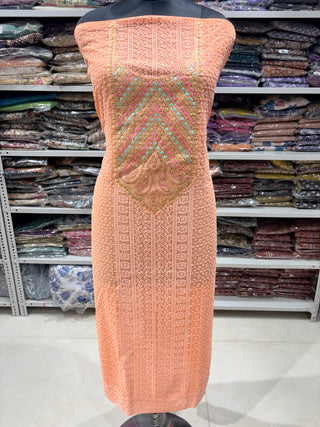 Peach Georgette Schiffli Work Party Wear Suit Fabric