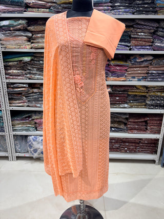 Peach Georgette Schiffli Work Party Wear Suit Fabric