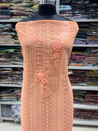 Peach Georgette Schiffli Work Party Wear Suit Fabric