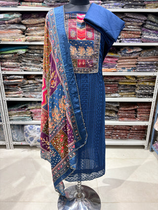 Blue color Georgette party wear suit fabric with muslin dupatta