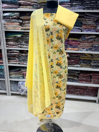 Yellow Embroidery Schiffli Georgette Party Wear Suit