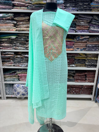 Sea Green Georgette Schiffli Work Party Wear Suit Fabric