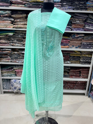 Sea Green Georgette Schiffli Work Party Wear Suit Fabric