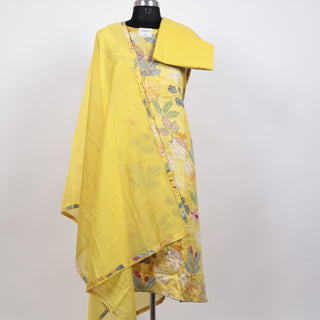 Yellow Color Pure Cotton Office Wear Suit Fabric with V neck embroidery