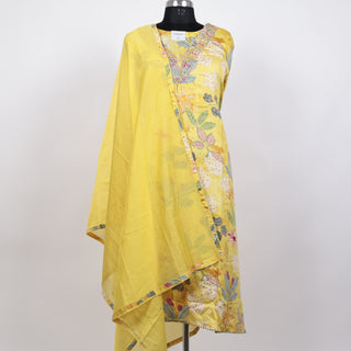 Yellow Color Pure Cotton Office Wear Suit Fabric with V neck embroidery