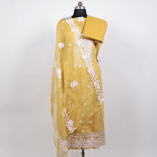 Yellow Modal Cotton Party Wear Suit with embroidery and organic organza dupatta