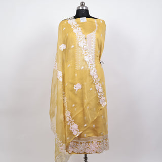 Yellow Modal Cotton Party Wear Suit with embroidery and organic organza dupatta