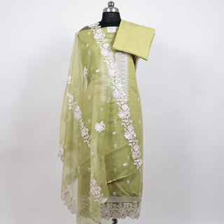 Light Green Modal Cotton Party Wear Suit with embroidery and organic organza dupatta