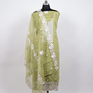 Light Green Modal Cotton Party Wear Suit with embroidery and organic organza dupatta