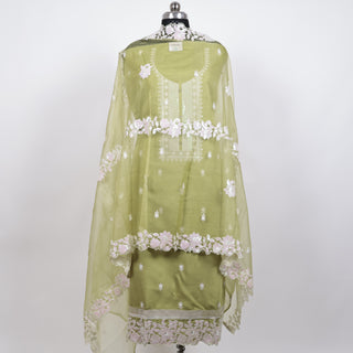 Light Green Modal Cotton Party Wear Suit with embroidery and organic organza dupatta